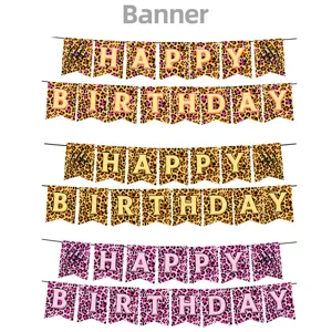 Detailansicht der Leoparden-Geburtstagsbanner mit goldenen und rosa Buchstaben für Feste.