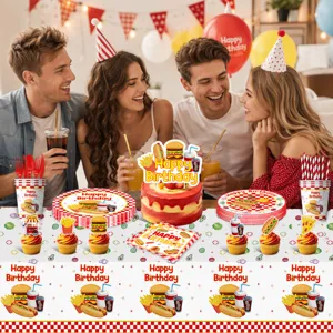 Burger und Pommes Thema Geburtstag Party Pappteller Tassen und Tischdecke Set Feier