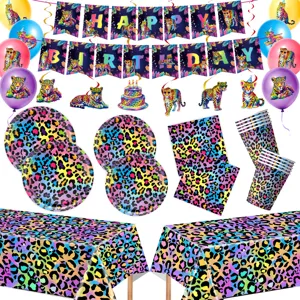 Neon Leopardenmuster Party Deko Set Pappteller Becher Servietten Tischdecke Luftballons Happy Birthday Banner Partyzubehör