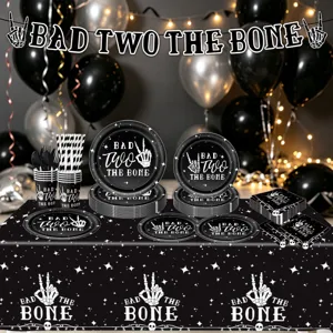 Kids 2nd birthday party tableware set black skeleton paper plates cups tablecloth decor