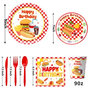 Cartoon Burger Pommes Geburtstag Party Geschirr Set mit Pappteller, Bechern und Servietten.
