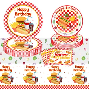 Burger Pommes Geburtstag Party Geschirr Pappteller Servietten Tischdecke Set Details