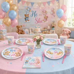 Teddybär Geschlecht enthüllen Party Zubehör Set mit Tellern Bechern Servietten und Hintergrund.