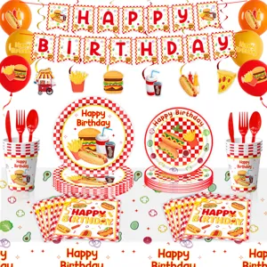 Fastfood Geburtstag Party Deko Set mit Tellern Bechern Servietten und Girlanden.