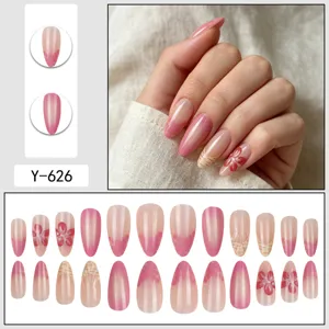 Press on nails 24pcs french pink gradient floral false nails acrylic fake nail art tips