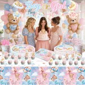 Teddybär Party Set mit Tellern, Bechern, Tischdecke und Luftballons für Gender Reveal.