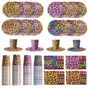 Leopard print Partygeschirr Set mit farbigen Papiertellern und Bechern für Geburtstag