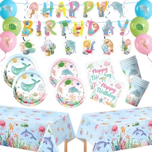 Meerestiere Thema Kinder Geburtstag Party Zubehör Set Pappteller Becher Servietten Banner Tischdecke Cartoon Unterwasserwelt Partygeschirr Dekorationen