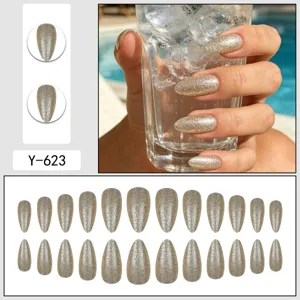Detail view of almond glitter press-on nails showing sparkling finish and full 24 pcs set.