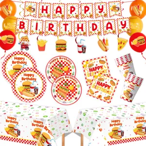 Cartoon Fast Food Burger Pommes Thema Geburtstag Party Geschirr Set Papier Teller Becher Servietten Banner Tischdecke Dekorationen