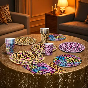 Leopard Muster Party Geschirr Set mit Pappteller, Bechern und Servietten für Feiern.