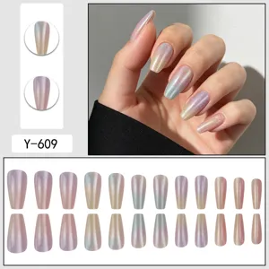 Press on nails long coffin aurora magnetic cat eye fake nail art set for women daily use