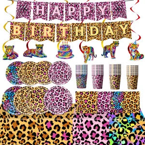 Leopard Muster Geburtstag Party Deko Set Papierteller Becher Banner und Tischdecke.
