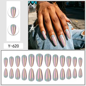 Long almond press on nails holographic mirror fake nail set 24pcs reusable acrylic nail art tips