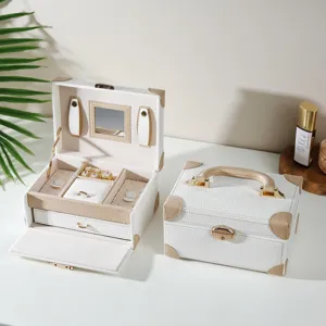 Exquisite Double Layer PU Leather Jewelry Box Portable Makeup Mirror Jewelry Organizer Vintage Suitcase Jewelry Case With Secure Lock For Women Rings Necklaces Storage