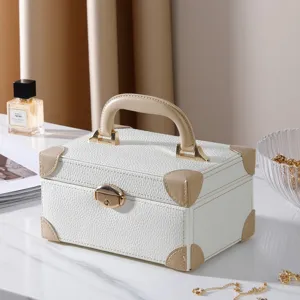 White leather jewelry box portable makeup case vintage storage organizer with lock handle