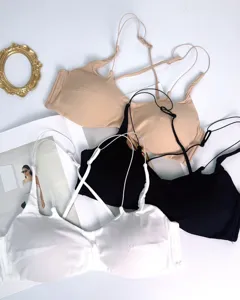 Details of seamless wireless push-up bra featuring thin multi-straps and comfort fit.
