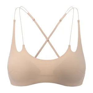 French Style Wirefree Push Up Bra For Women Crisscross Thin Straps Strappy Back Seamless Comfortable Solid Color Bralette
