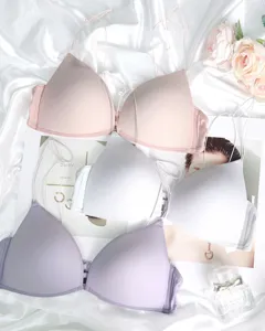 Detailed view of women wireless thin triangle bra, featuring front closure and delicate straps.