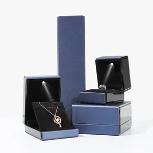 LED jewelry box set dark blue PU leather ring pendant gift packaging display box showcase
