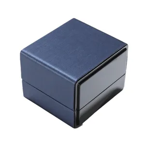 Blue PU leather LED jewelry gift box with brushed texture for rings, pendants, and bracelets.