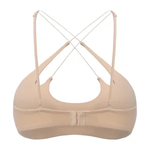 Detailed view of women nude strappy wireless bralette with cross back design and back closure.