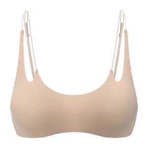 Close-up detail of the wireless nude bra featuring ultra-thin multi straps and smooth fabric.