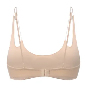 Close-up detail of the nude wireless thin strap bra, soft fabric and supportive back design.