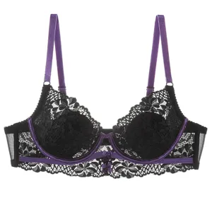 Sexy black lace bra with purple straps and trim, ultra-thin, comfortable daily undergarment.