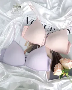 Seamless wireless front-closure bralette thin strap triangle cup bra set in pink and purple.