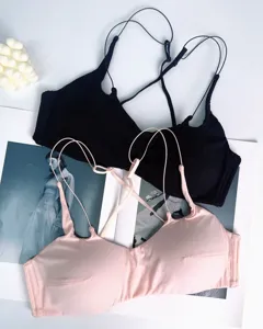Close-up detail view of wireless thin bras featuring sexy cross straps and backless design.