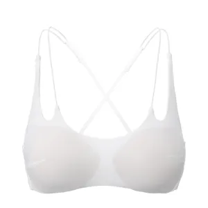 Detail view of the white wireless bralette featuring double thin cross back straps.