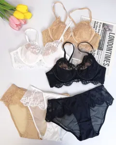 Conjunto de sujetador y bragas de encaje sexy para mujer lencería fina elegante de moda