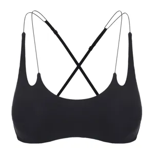 Close-up detail of black bralette featuring delicate cross straps and wireless soft cups.