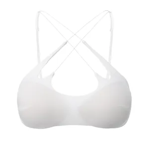 White thin strap bralette close-up, wireless comfort design, delicate fabric detail view.