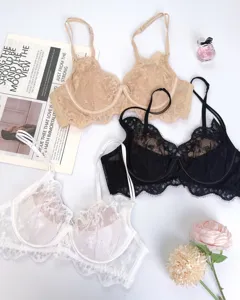 Mujer sexy sujetador de encaje fino set lenceria con aro confort push up negro nude