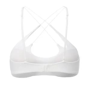 Detailed view of white wireless backless bralette with delicate cross straps and back closure.