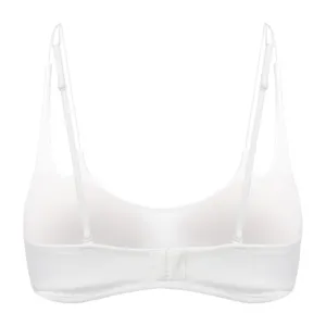 White wireless bra back view featuring adjustable thin straps, U-shape and hook closure.