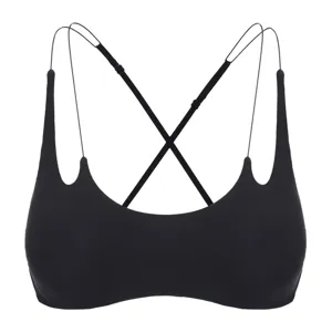 Detail view of a sexy black wireless bralette featuring chic cross thin straps and back design.