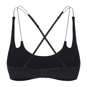 Close-up detail of black backless bralette featuring cross straps and back closure.
