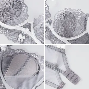 Sexy grey lace push-up bra for women featuring delicate floral details, comfortable straps and back closure.