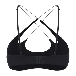Detail view of a black strappy backless bra with delicate cross straps and back closure.