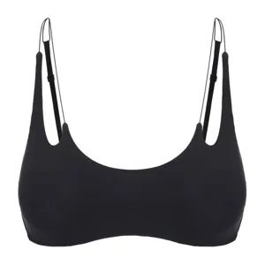 Black wireless bra detail, thin double straps and scoop neck design for comfortable fit.