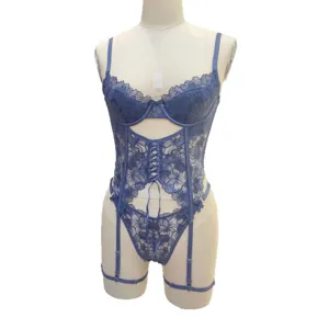 French sexy lace lingerie set with bra and garter belt, elegant blue floral embroidery design.