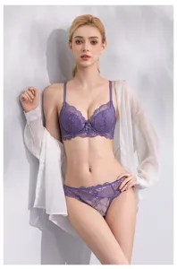 Ensemble de soutien-gorge et culotte en dentelle sexy pour femmes, lingerie violette fine.