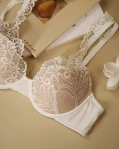 French sexy lace bra detail view, elegant deep V push up lingerie with delicate floral trim.