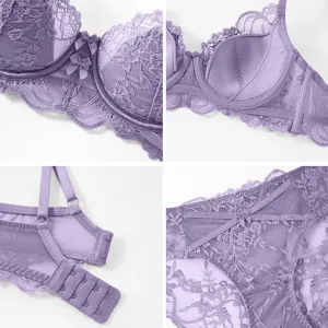 Ensemble soutien-gorge et culotte en dentelle sexy, sous-vêtement fin violet clair.