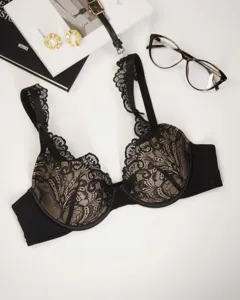 French sexy lace bra with deep V design, comfortable support and elegant floral pattern.
