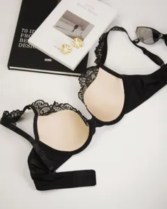 French sexy black lace bra, deep V push-up lingerie, elegant feminine intimate apparel.