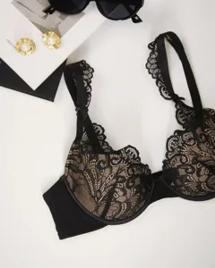 Elegant black lace floral bra with deep V design and comfortable support for women.